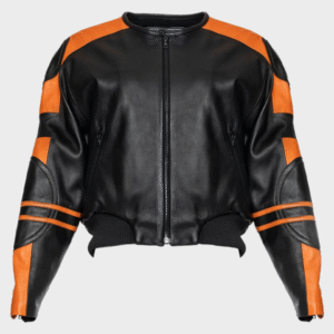 BLACK & ORANGE LEATHER RACER BOMBER JACKET 003
