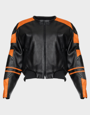 BLACK & ORANGE LEATHER RACER BOMBER JACKET 003