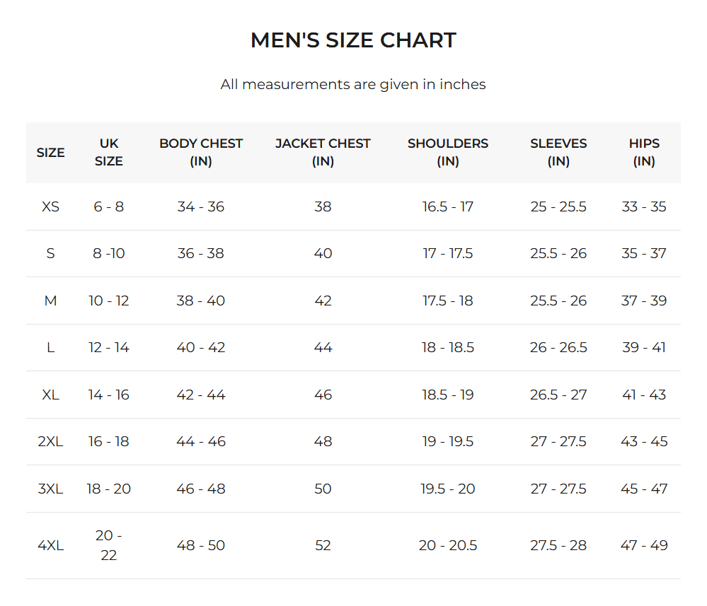 Men's Size Chart | Leather Jackets Store