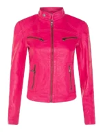 Women’s Pink Leather Biker Moto Jacket