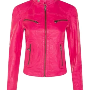 Women’s Pink Leather Biker Moto Jacket