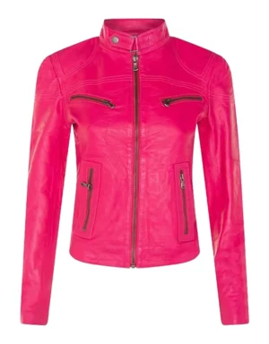 Women’s Pink Leather Biker Moto Jacket