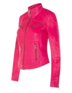 Women’s Pink Leather Biker Moto Jacket