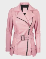 Women's Pink Asymmetrical Belted Leather Jacket
