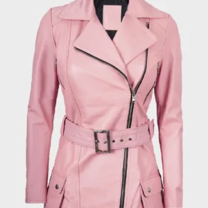 Women's Pink Asymmetrical Belted Leather Jacket