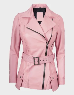 Women's Pink Asymmetrical Belted Leather Jacket