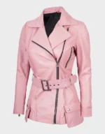 Women's Pink Asymmetrical Belted Leather Jacket