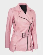 Women's Pink Asymmetrical Belted Leather Jacket