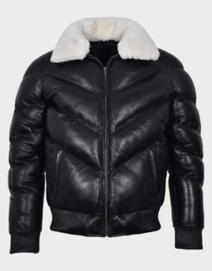 ACE Men's Puffer Real Leather Jacket Black – White Fur Collar