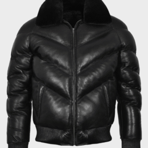 Men's Ace Puffer Leather Jacket Black Sheepskin – Warm Bomber