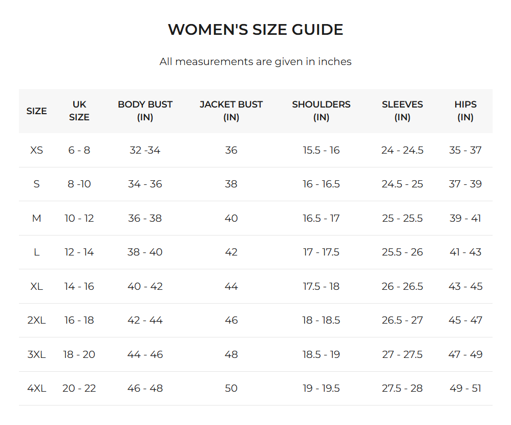 Women's Size Chart | Leather Jackets Store
