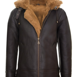 Men's Brown Sheepskin Flying Hooded Bomber B3 Aviator Pilot Jacket