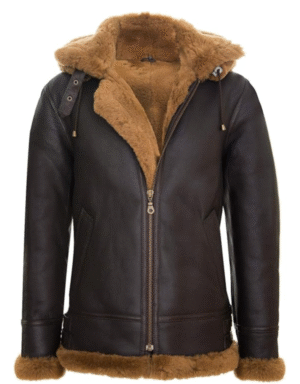Men's Brown Sheepskin Flying Hooded Bomber B3 Aviator Pilot Jacket