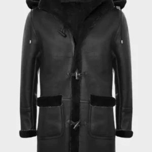 Men's Long Real Sheepskin Leather Black Hooded Duffle Coat