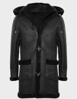 Men's Long Real Sheepskin Leather Black Hooded Duffle Coat