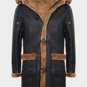 Men's Long Real Sheepskin Shearling Leather Ginger Brown Hooded Duffle Coat