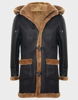 Men's Long Real Sheepskin Shearling Leather Ginger Brown Hooded Duffle Coat