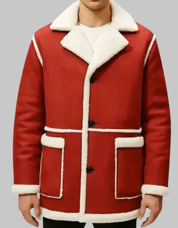 Mens Santa claus Shearling Santa Red Leather Christmas Coat Mens Santa Claus Red Christmas Leather Jacket