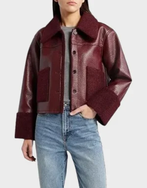 Dria Maroon Shearling-Trim Cropped Jacket | Leather Jackets Store