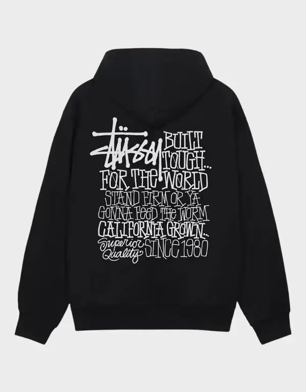 The Stussy California Grown Style Pullover Fleece Hoodie celebrates the brand’s West Coast roots with bold graphics and everyday comfort. Crafted from a soft, high-quality fleece blend, this hoodie is designed for warmth, durability, and relaxed streetwear styling. Featuring the iconic “California Grown” graphic printed on the back, this pullover hoodie makes a statement while keeping the front clean and minimal. The relaxed fit allows for effortless layering, while the ribbed cuffs and hem help retain shape and warmth. A classic kangaroo pocket adds practicality, making it perfect for daily wear, travel, or casual outings. Stussy California Grown Style Pullover Fleece Hoodie in black The Stussy California Grown Style Pullover Fleece Hoodie celebrates the brand’s West Coast roots with bold graphics and everyday comfort. Crafted from a soft, high-quality fleece blend, this hoodie is designed for warmth, durability, and relaxed streetwear styling. Featuring the iconic “California Grown” graphic printed on the back, this pullover hoodie makes a statement while keeping the front clean and minimal. The relaxed fit allows for effortless layering, while the ribbed cuffs and hem help retain shape and warmth. A classic kangaroo pocket adds practicality, making it perfect for daily wear, travel, or casual outings. Stussy California Grown Style Pullover Fleece Hoodie in black
