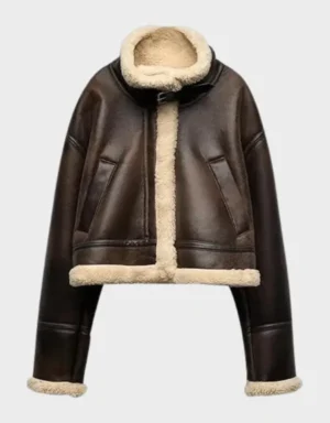 Women’s Brown Sheepskin Aviator Jacket with Faux Shearling Lining