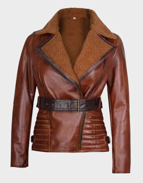 Women's Brown Sherpa Collar Belted Leather Jacket Women's Brown Sherpa Collar Belted Leather Jacket