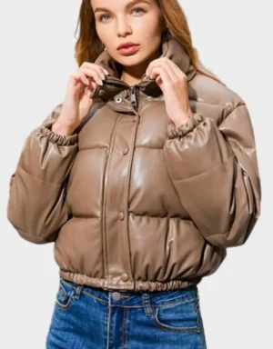 Women’s Brown Quilted Lambskin Leather Puffer Jacket 