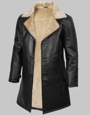 Men Black Leather Shearling Coat with Beige Faux Shearling Men’s Black Shearling Leather Coat Turlock Black & Beige Winter Coat LEATHER JACKETS STORE UK