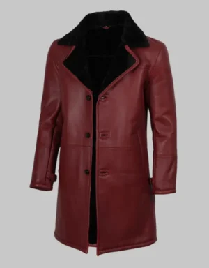 Men’s Burgundy Shearling Leather Coat Black Faux Fur Long Winter Coat leather jackets store UK