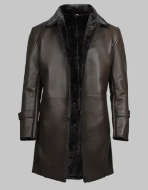 Men’s Dark Brown Shearling Leather Coat Real Leather Winter Long Coat LEATHER JACKETS STORE