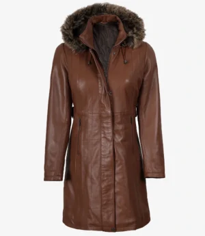 Brown Leather Long Coats for Women with Faux Fur Hood