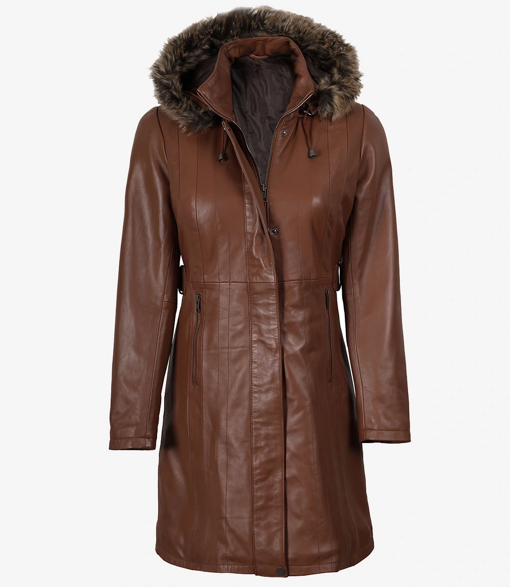 Brown Leather Long Coats for Women with Faux Fur Hood Brown Leather Long Coats for Women with Faux Fur Hood
