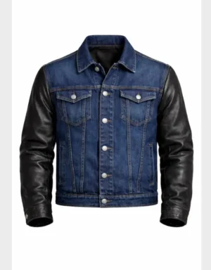 Handmade Men's Blue Denim Jacket with Black Leather Sleeves Classic Button Front Trucker Style