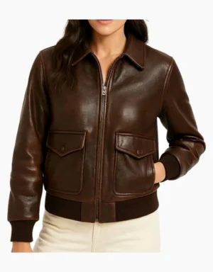 Women's brown genuine leather aviator bomber jacket with zip front